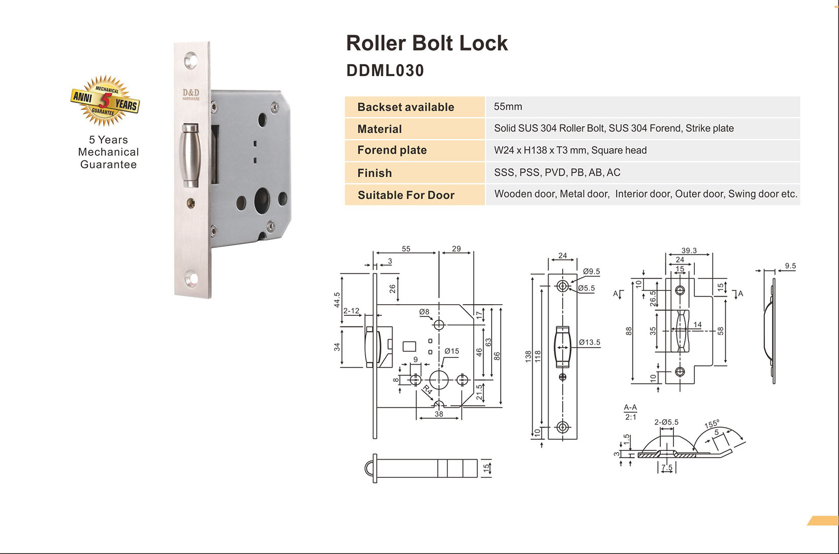 SS Euro roller lock body for Door-DDML030