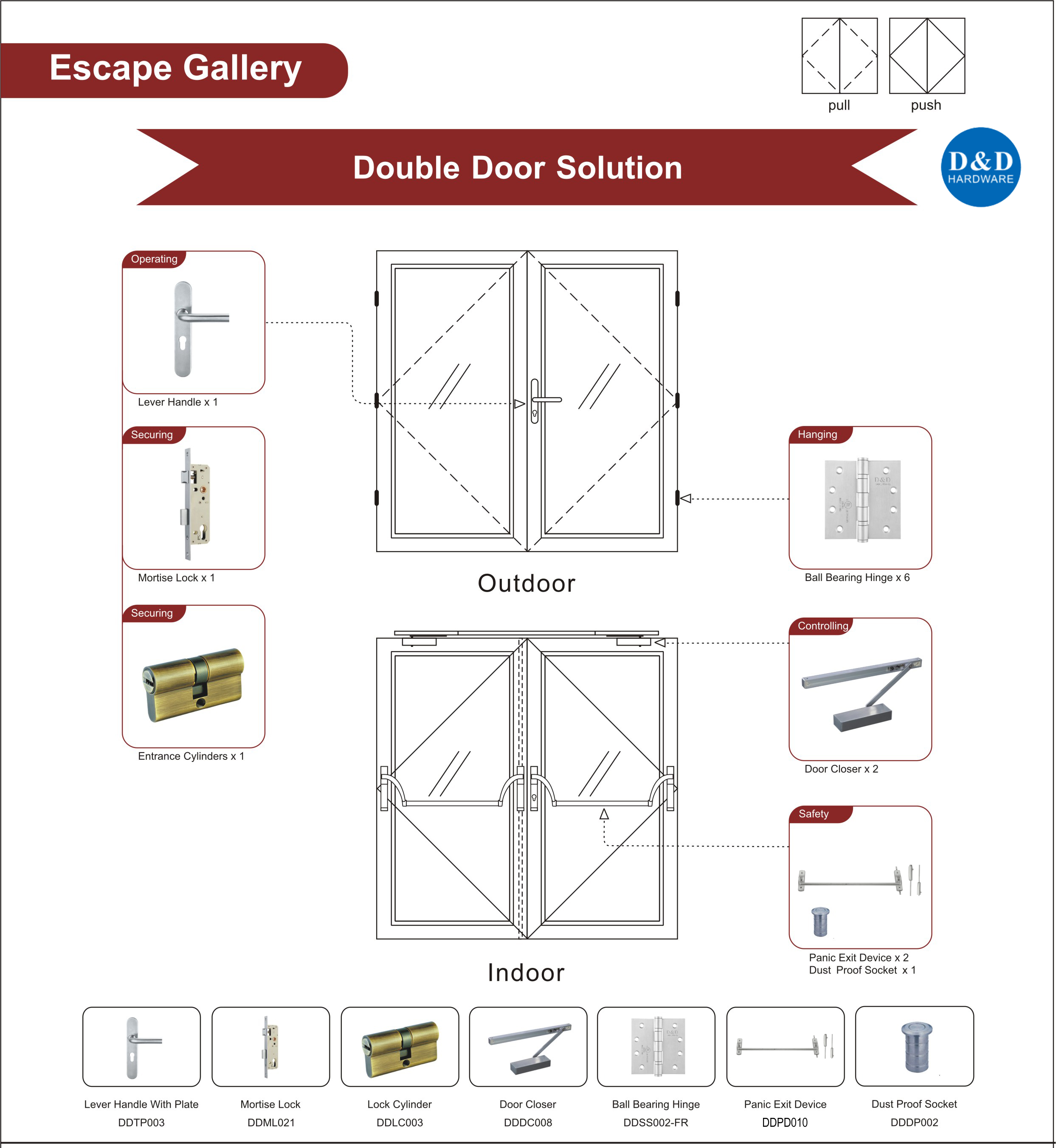 Steel Fire Rated Glass Door Ironmongery for Escape Gallery Double Door