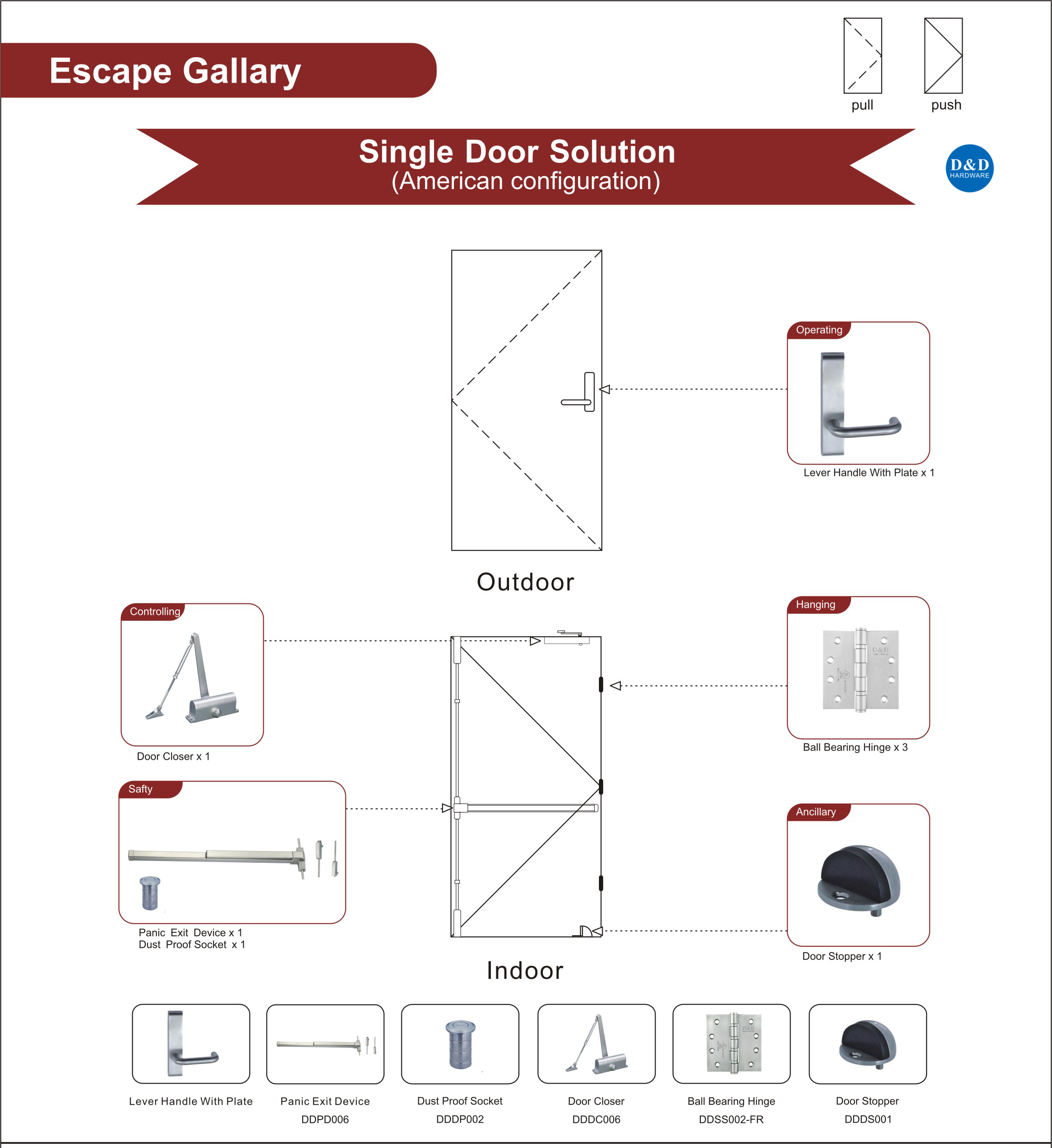 Fire Rated Steel Door Hardware for Escape Gallery Single Door