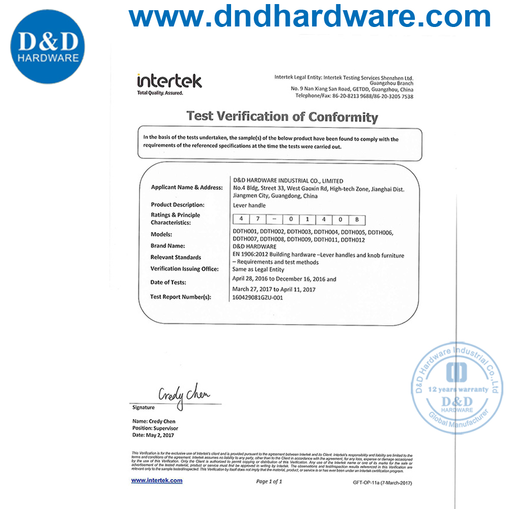 Certification of Handle-D&D Hardware