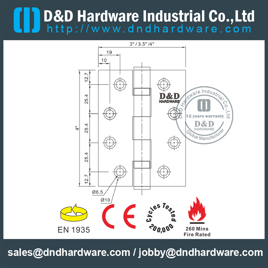 SS304 CE Fire Rated 2BB Door Hinge-DDSS001-4x3.5x3.0mm