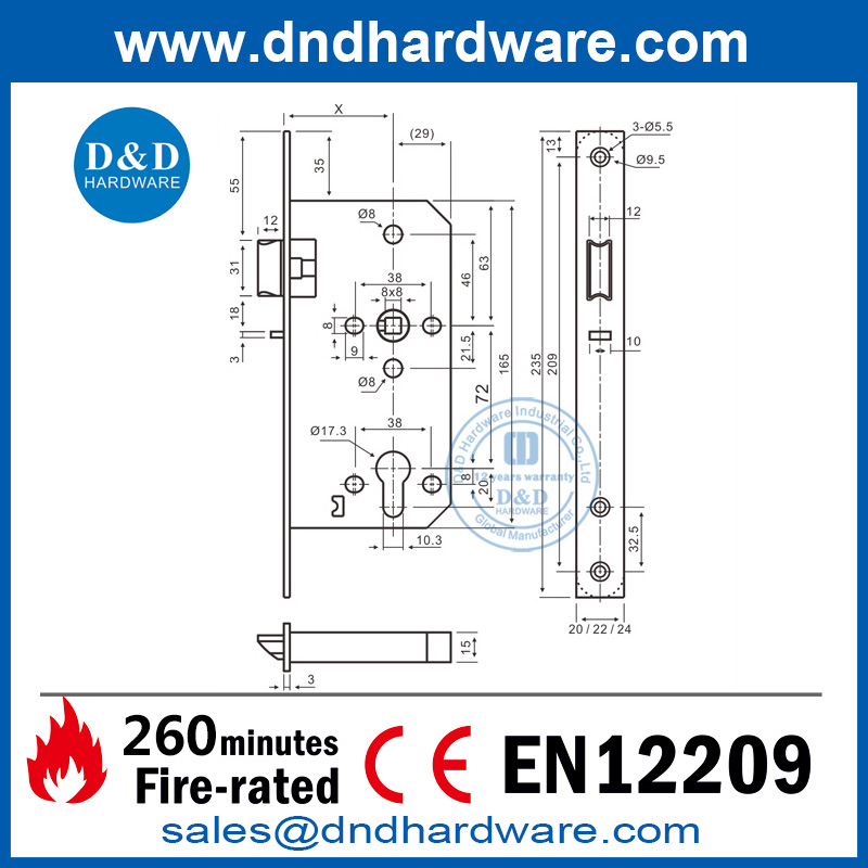 Commercial Hardware Fire Proof Lock BS EN12209 Night Latch Door Lock-DDML014