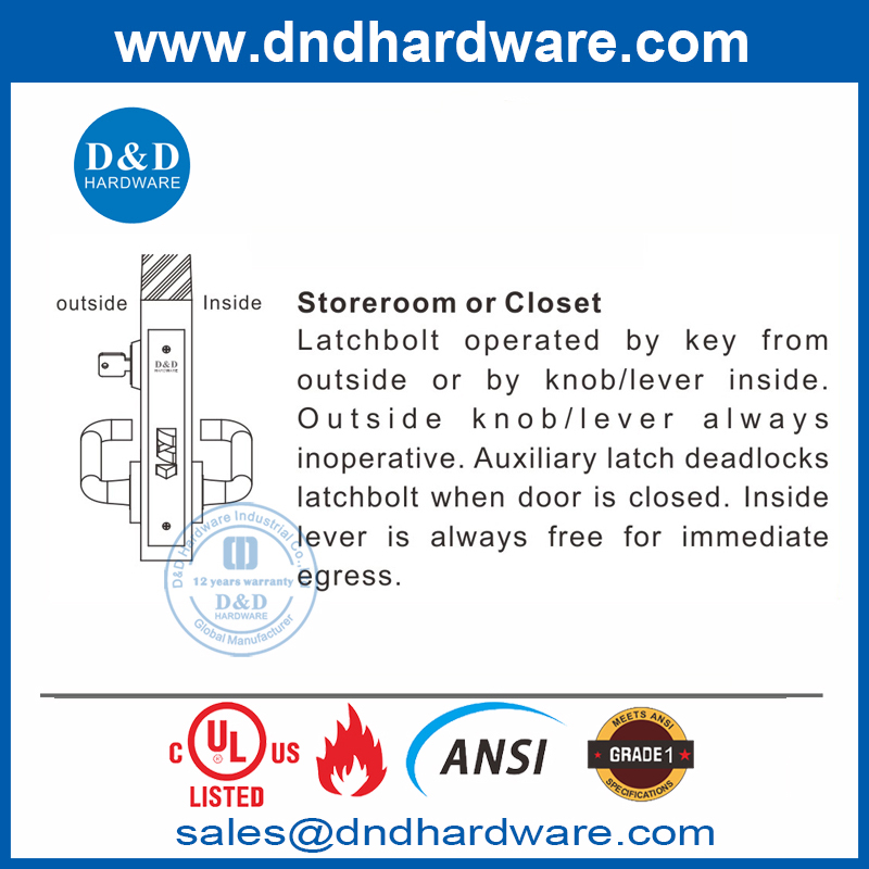 ANSI UL Fire Rated SUS304 Bedroom Door Lock for Storeroom-DDAL07 F07