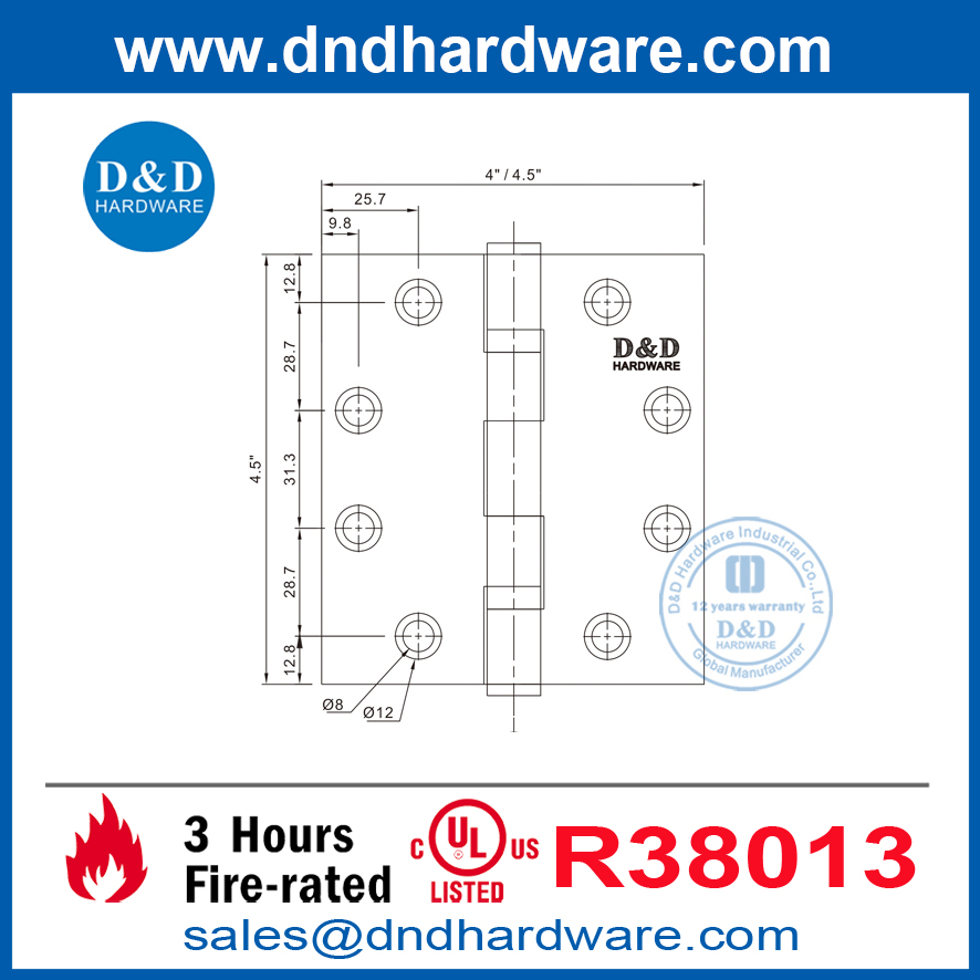 UL Listed Fire 316 Stainless Steel House Door Hinge for Apartment Building-DDSS002-FR-4.5X4X3.0