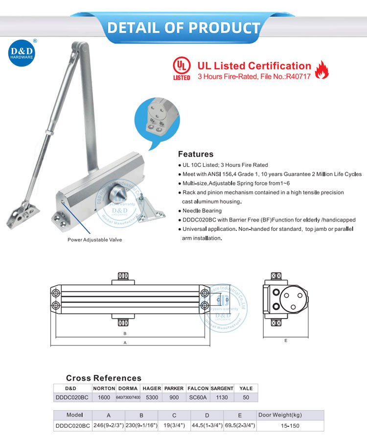 Aluminium UL Fire BC Door Closer Aluminium UL Fire BC Door Closer