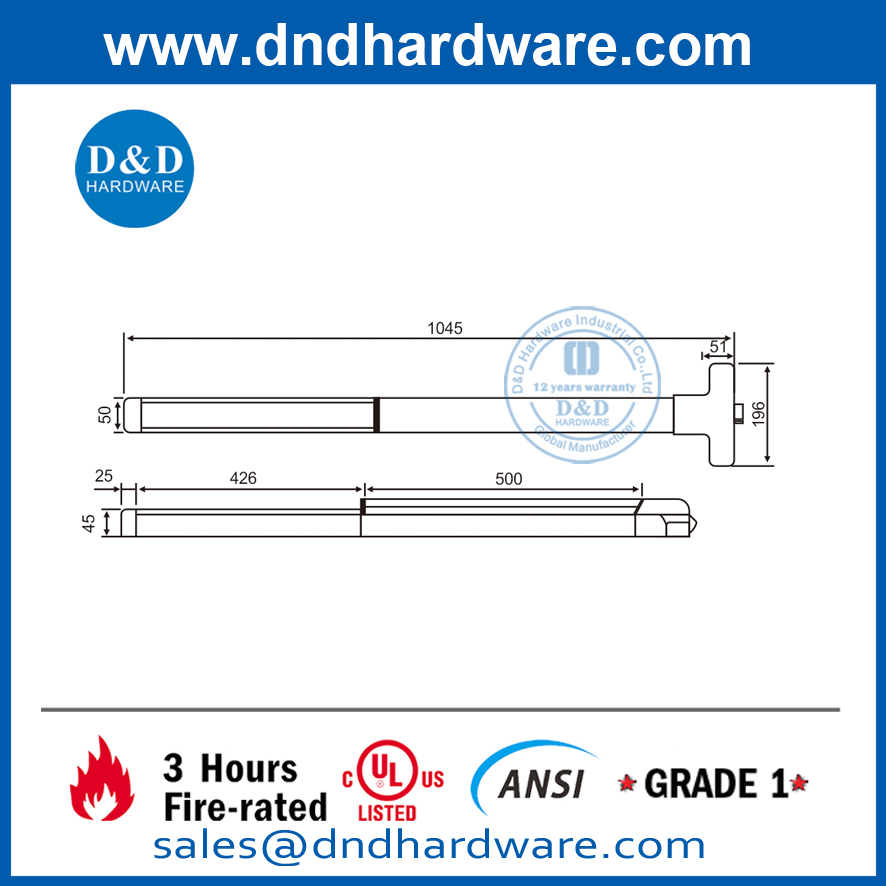 SS304 Fire Door Touch Bar Rim Exit Device -DDPD001