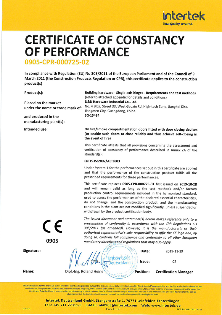 CE Hinge Certificate-D&D Hardware