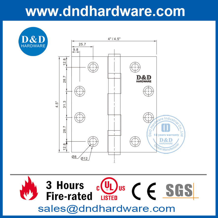 UL Listed 4.5 Inch SUS304 Ball Bearing Fire Door Hinge-DDSS002-FR-4.5X4.5X3.4