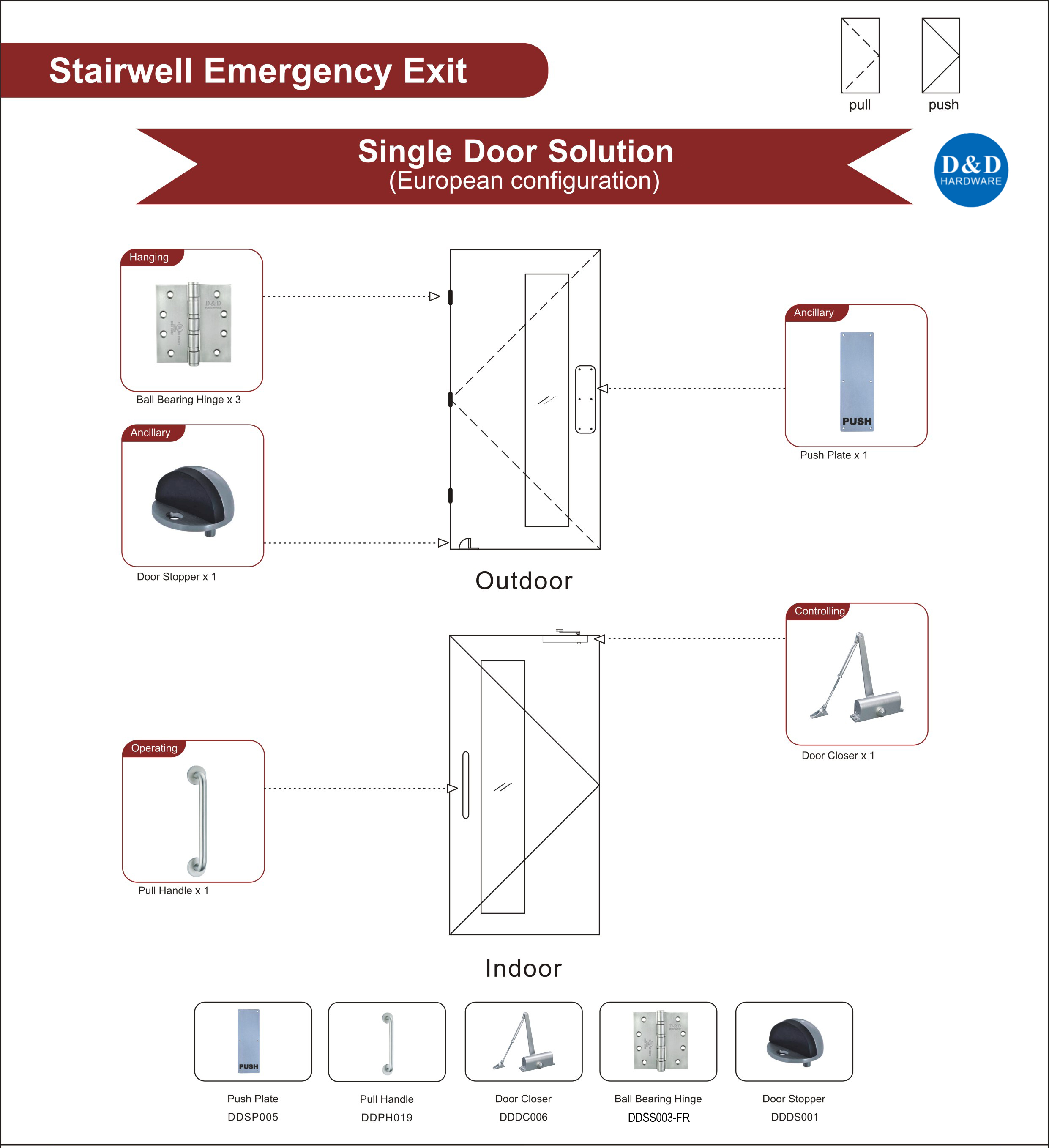 Wooden Fire Rated Door Ironmongery for Stairwell Emergency Exit Single Door