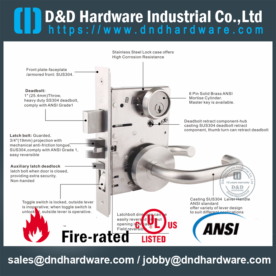 Safety SS304 ANSI Grade 1 Mortice Lock for Front Door-DDAL22 F22