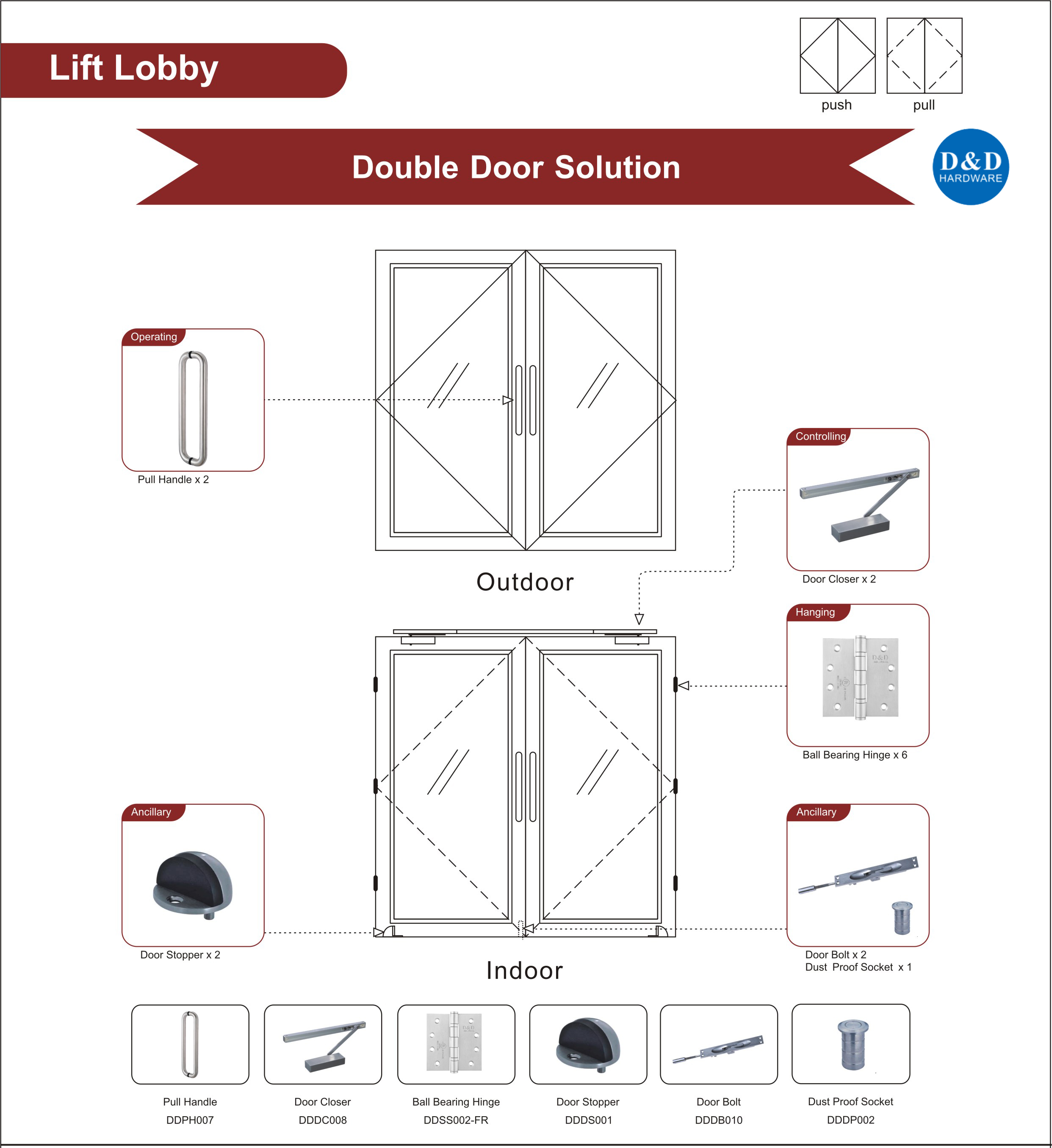 Fire Rated Glass Door Ironmongery for Lift Lobby Double Door