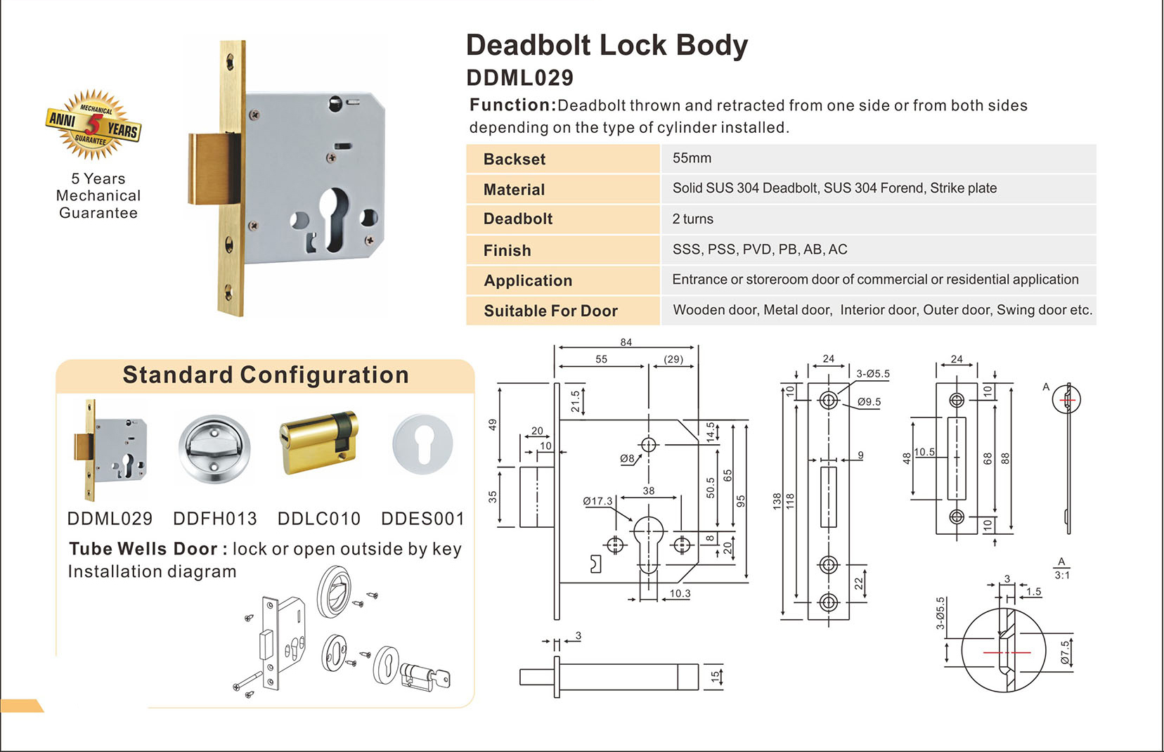 SS304 square head lock body-DDML029