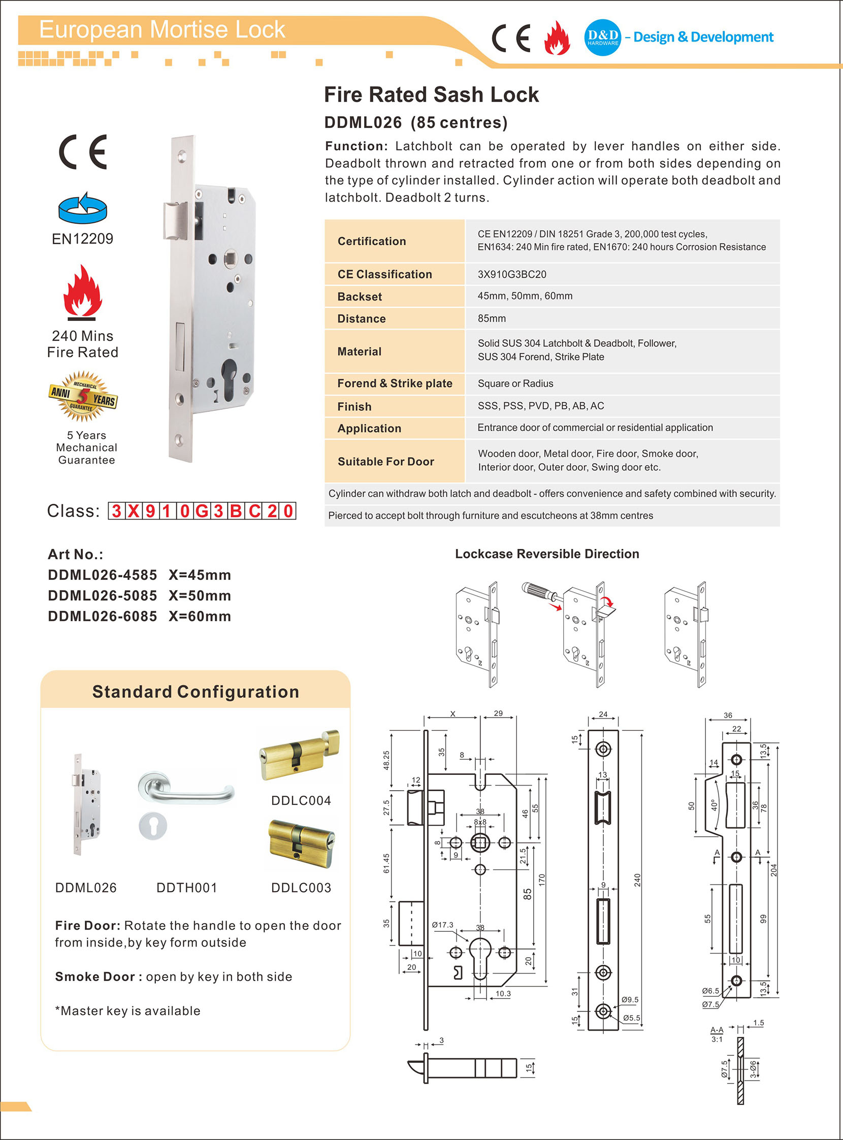 CE SS304 Fire Rated Sash Door Lock-DDML026