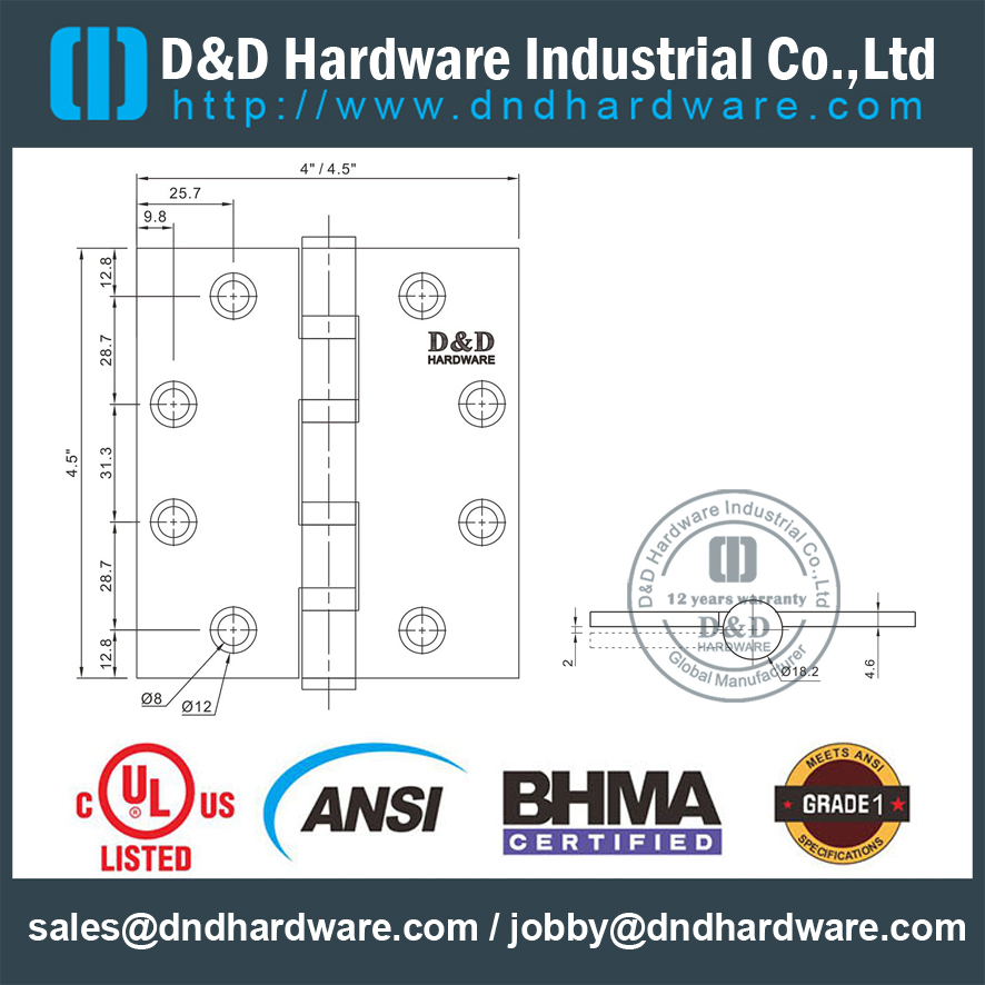 ANSI / BHMA GRADE 1 Heavy Duty 4 BB Hinge with UL Firerated For Metal