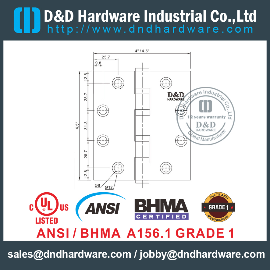 ANSI / BHMA GRADE 1 Heavy Duty 4 BB Hinge with UL Firerated For Metal