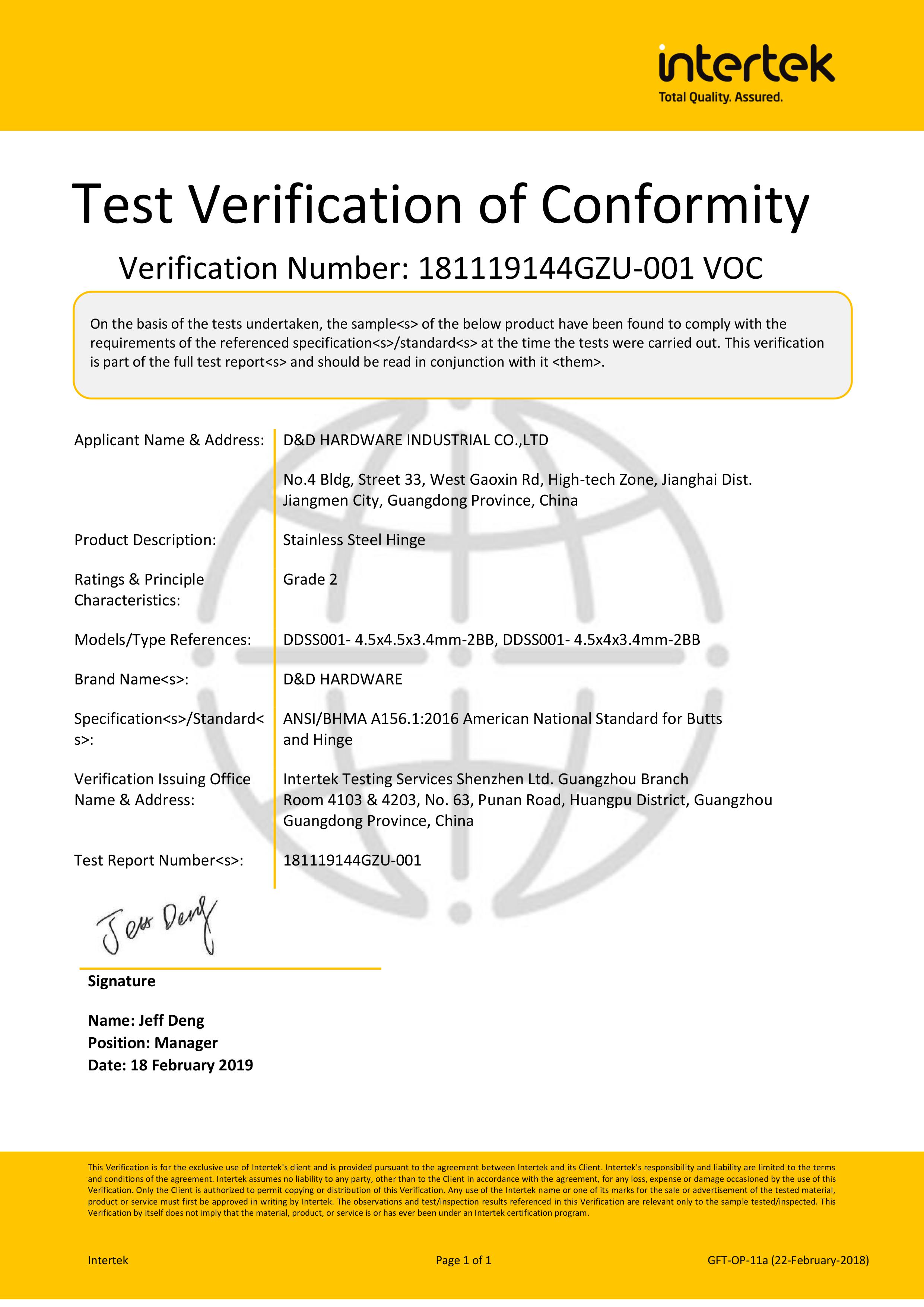 D&D HARDWARE- ANSI Certificate of GRADE 2 DOOR HINGE