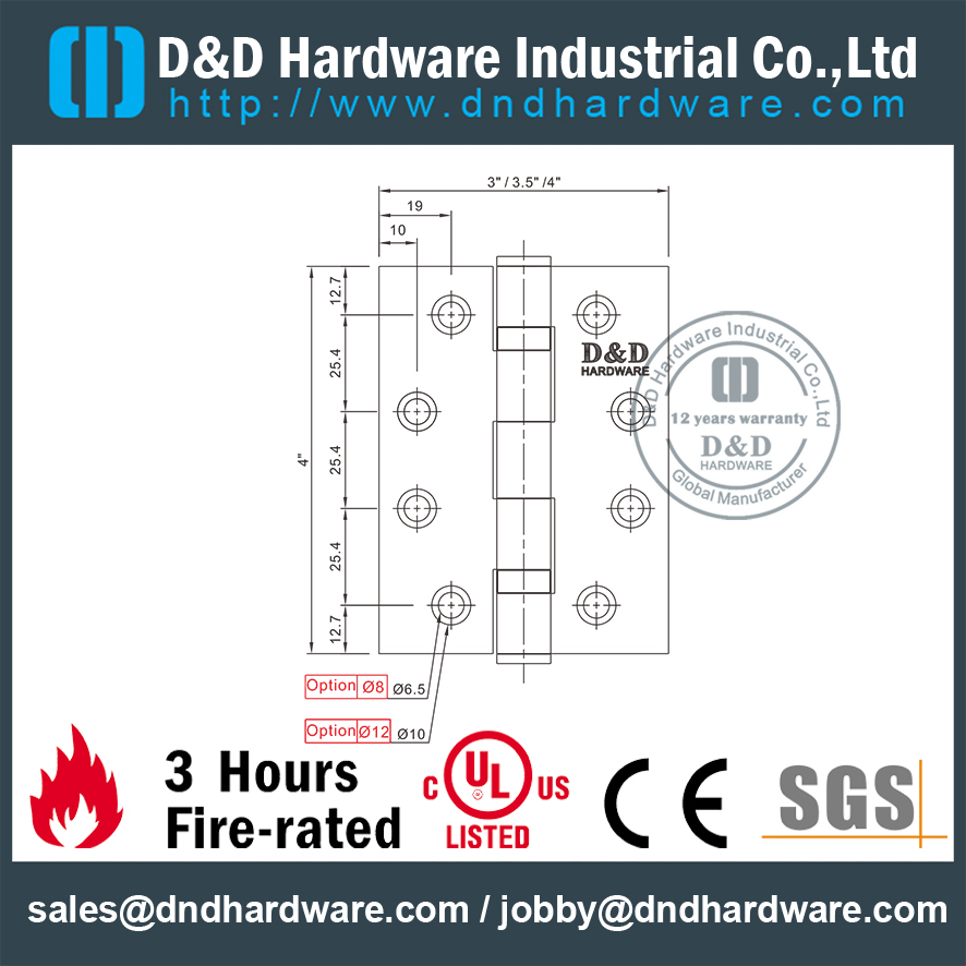 SS316 UL Fire Rated Door Hinge for Fire Metal Door-DDSS001-FR-4x4x3.0mm