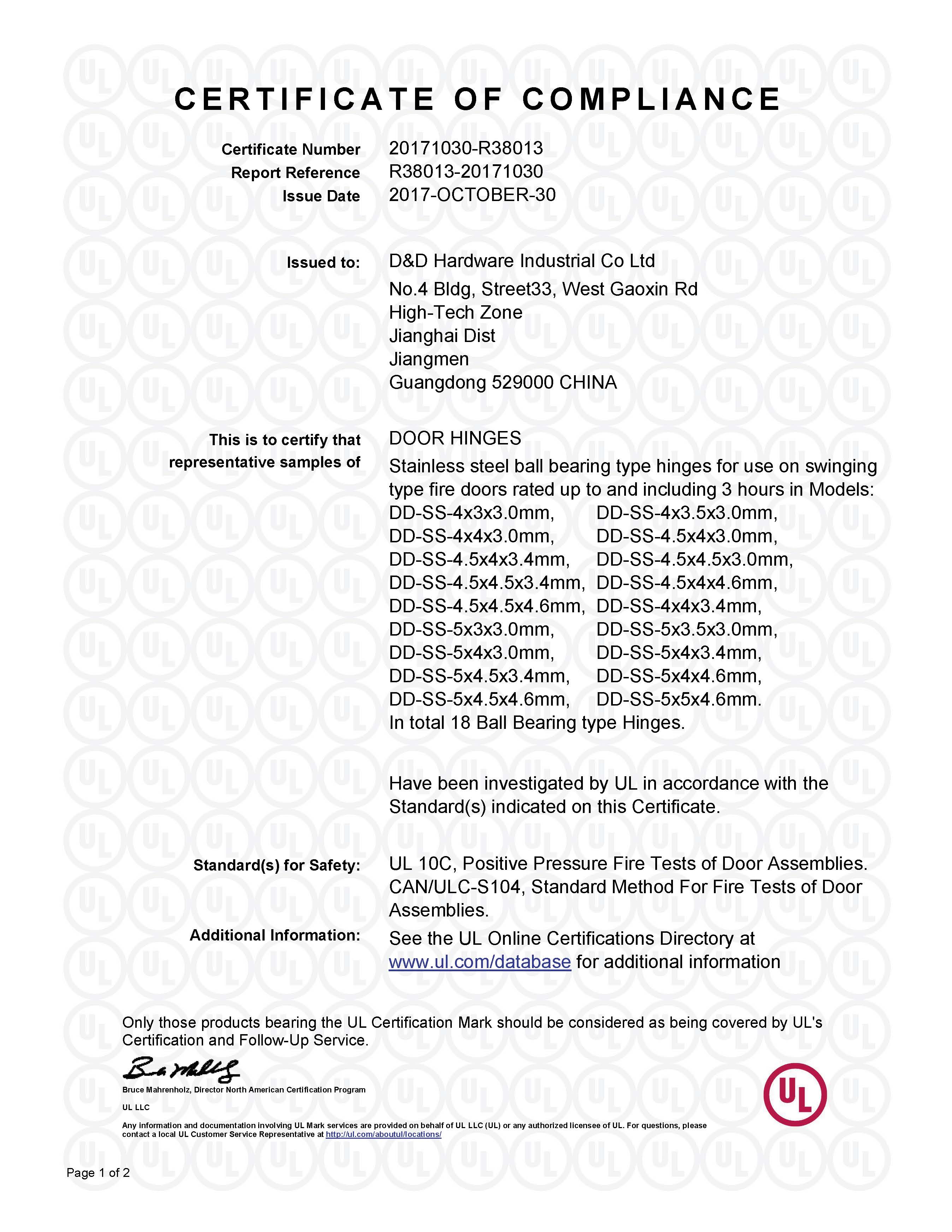 D&D HARDWARE- ANSI Certificate of GRADE 2 DOOR HINGE