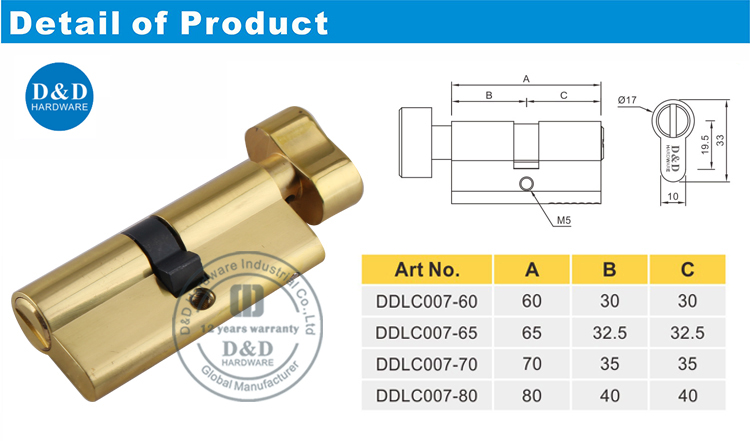 Polished Brass Bathroom Door Lock Cylinder-DDLC007-D&D Hardware