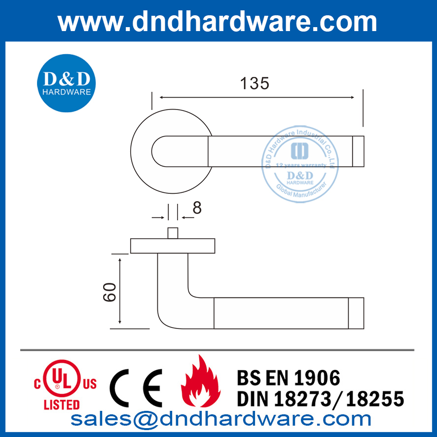 Right Handed Stainless Steel Hollow Tube Door Lever-DDTH021