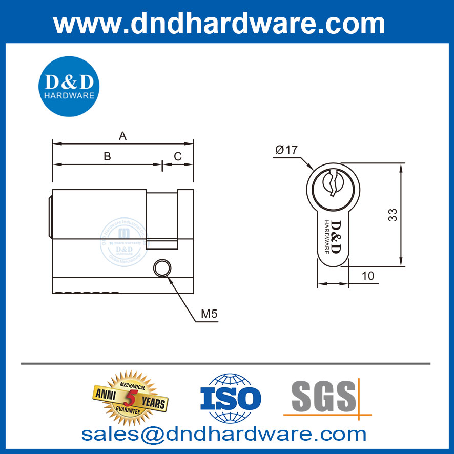 3 Keys Solid Brass Half Cylinder Door Lock Cylinder 40-55mm for Wooden Door-DDLC010