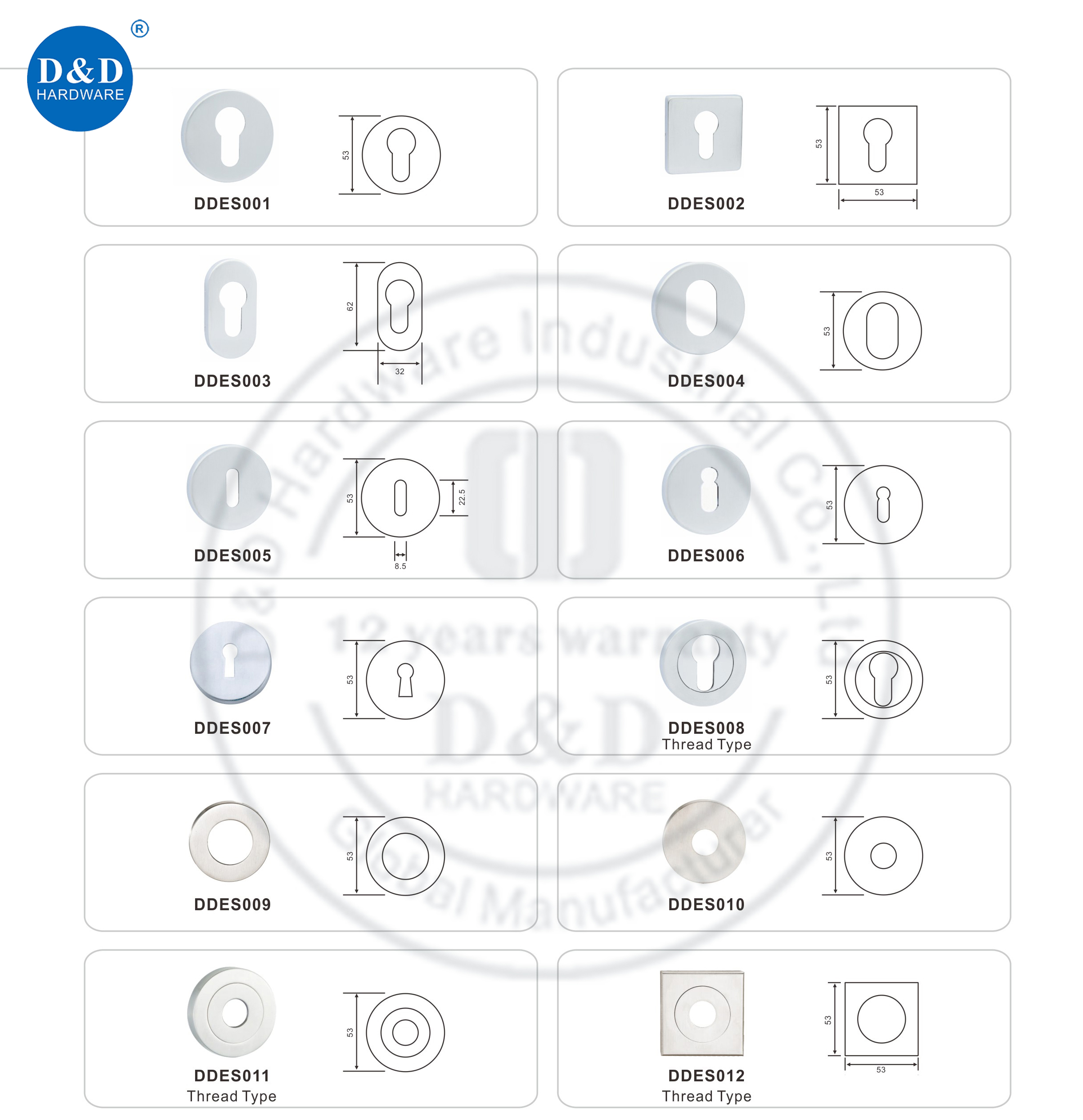 Door Handle Cylinder Stainless Steel Square Rosette Escutcheons-DDES014