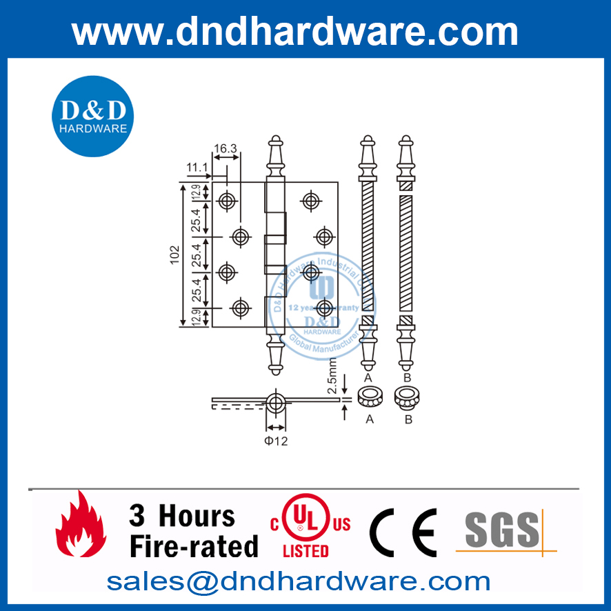 Ball Bearing Brass Door Hinge with Steeple Tip-DDBH002