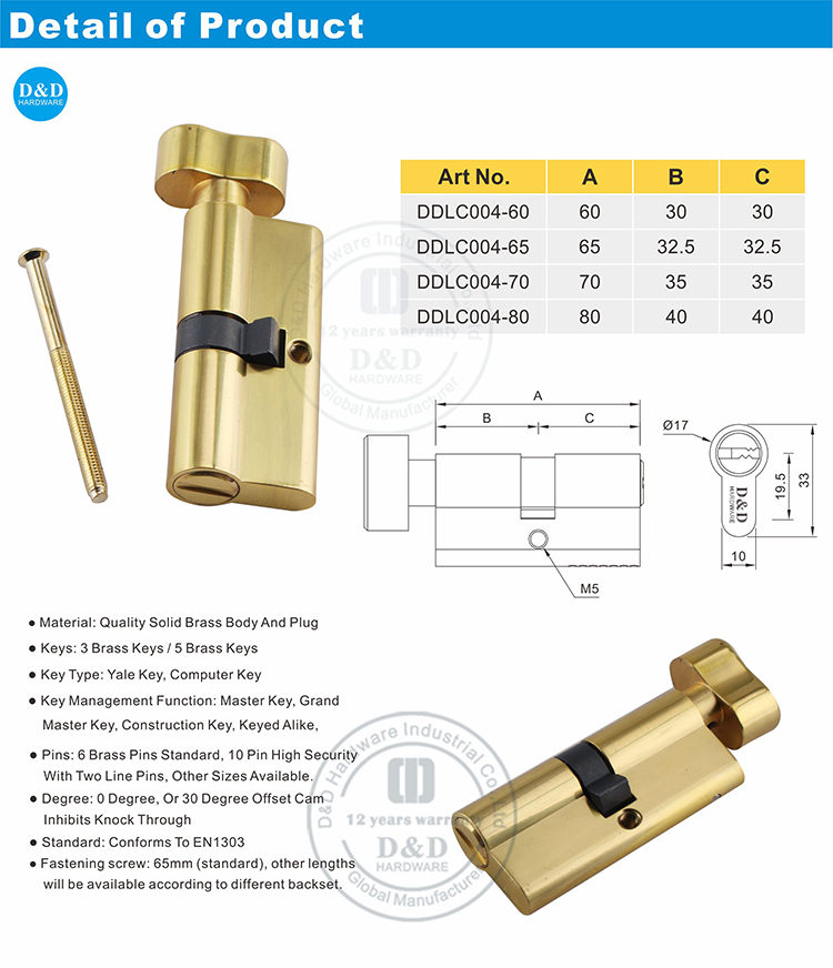 Polished Brass Polished finish thumb turn cylinder