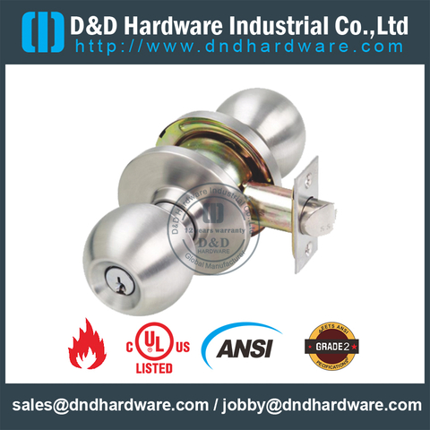 Fire Rated 3 Hours UL Solid ANSI Grade 2 Tubular Ball Knob Lock-Set for Building Door-DDLK012