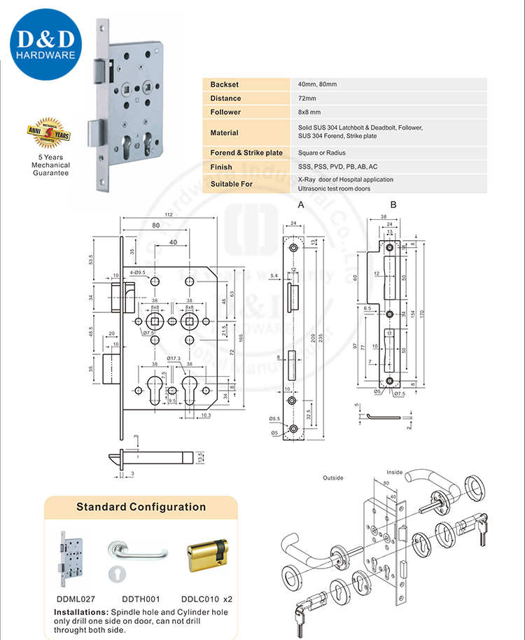 Solid SUS304 Mortise X-Ray Door Lock for Hospital-DDML027 from China ...