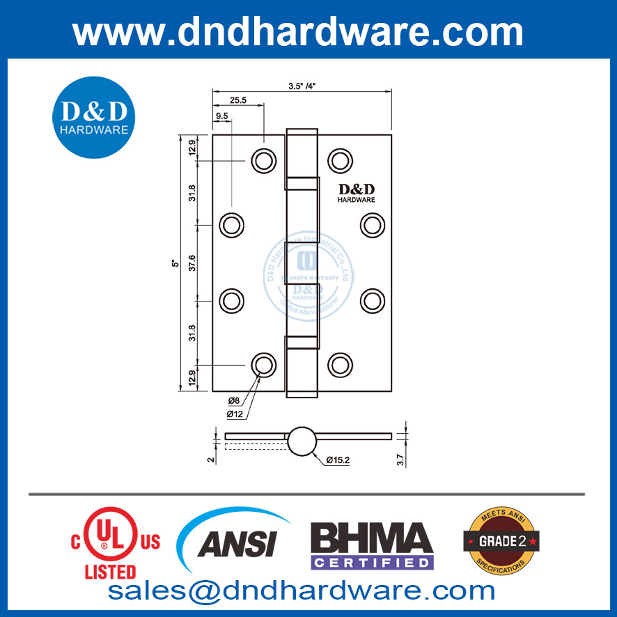 Stainless Steel 5 Inch ANSI BHMA Grade 2 Fire Rated Door Hinge for East Middle Market-DDSS001-ANSI-2