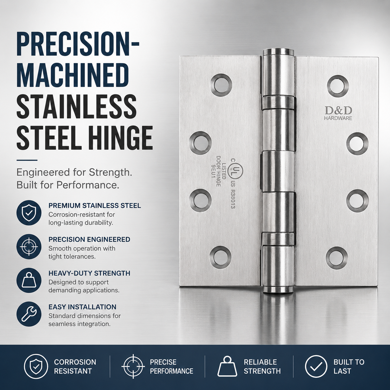 Precision-machined stainless steel hinge detail.