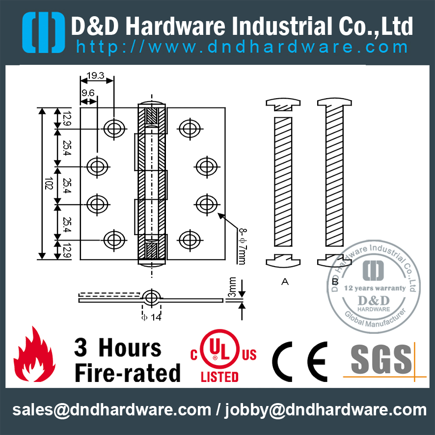 DDBH008-Solid Brass Plain Joint Hinge for Fire-rated Door 