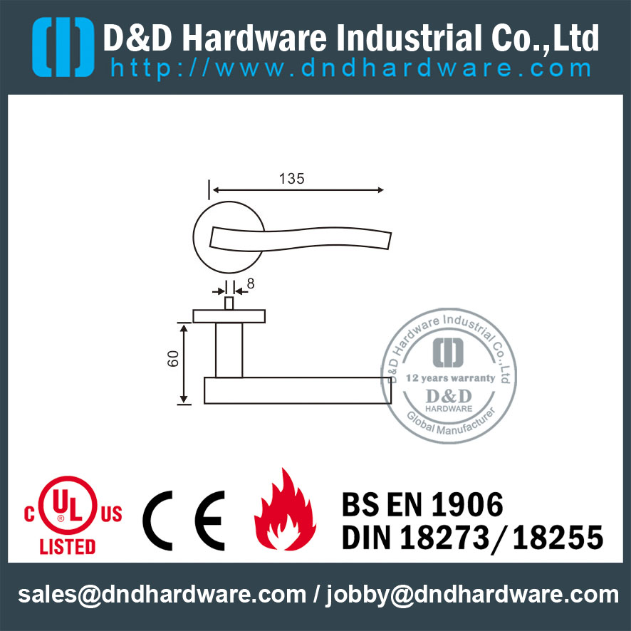 Grade 201 Tubular Fire Rated Hollow Lever Door Handle for Front Metal Door -DDTH007