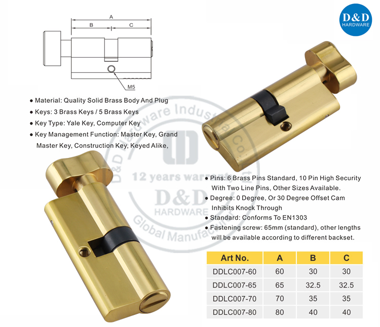 Polished Brass Bathroom Lock Cylinder--DDLC007-D&D Hardware