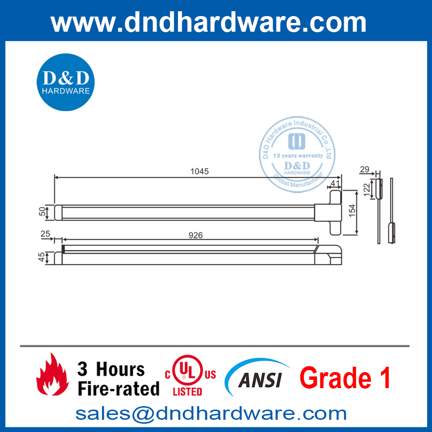 ANSI Grade 1 Steel Fire Rated Security Door Bar Vertical Rod Exit Device-DDPD006