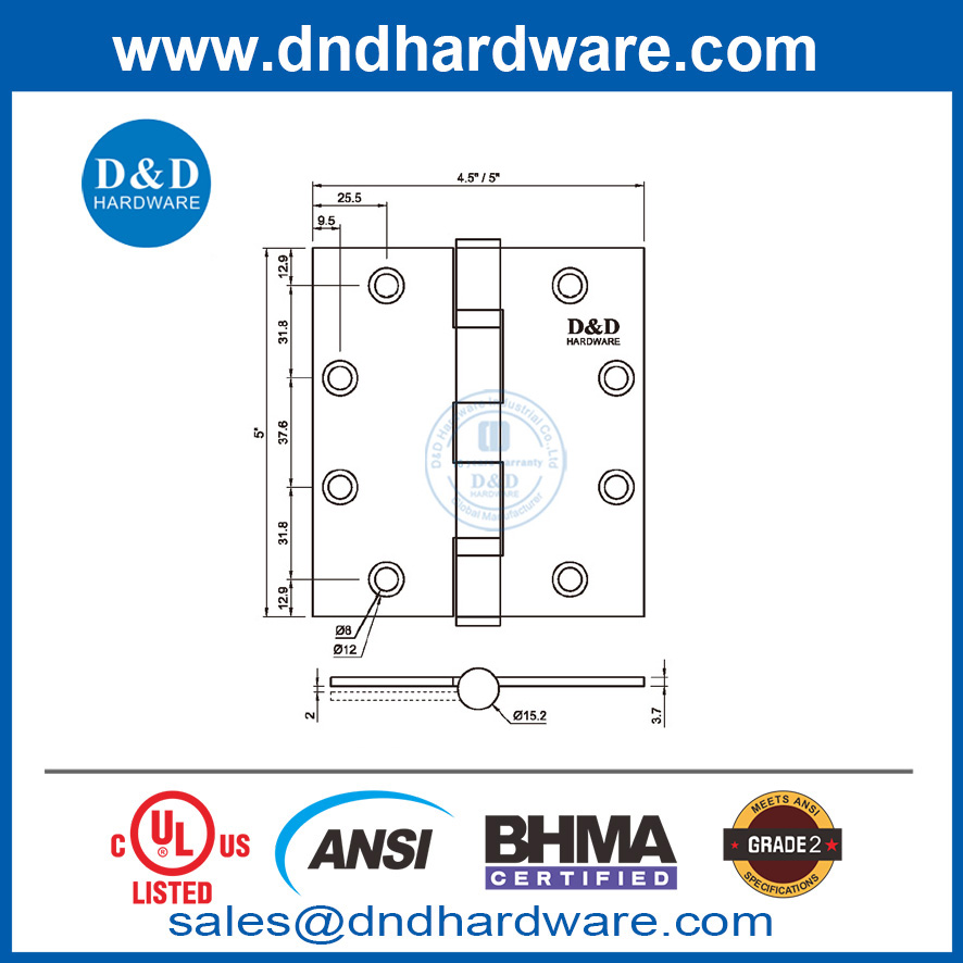 Stainless Steel 5 Inch ANSI BHMA Grade 2 Fire Rated Door Hinge for East Middle Market-DDSS001-ANSI-2