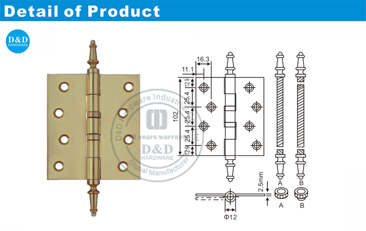 Brass Steeple Tip Door Hinge-DDBH002-D&D Hardware