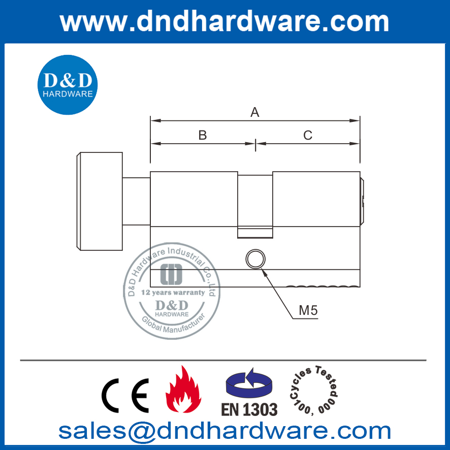 BS EN1303 Solid Brass Thumbturn Cylinder with Key-DDLC004