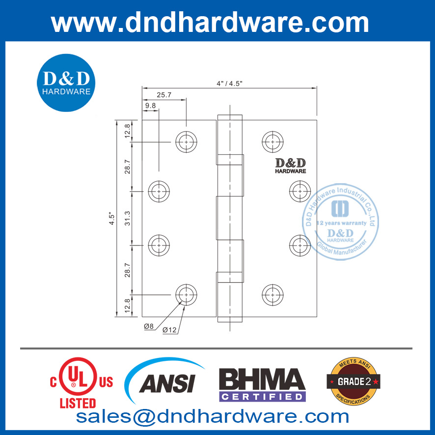 Interior Door Hinges BHMA Stainless Steel UL Listed Fire Rated Door Hinge-DDSS001-ANSI-2