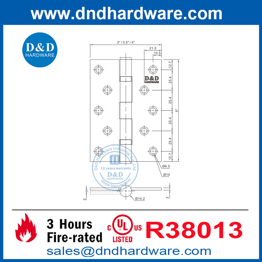 UL Fire Rated 3 Hours SUS304 Door Hinge for Residential Building-DDSS005-FR-5X4X3