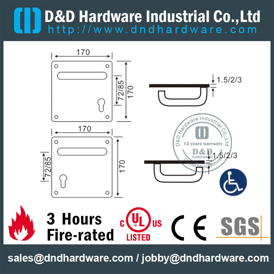 Stainless Steel 304 Lever Handle Euro Profile on Square Plate 170x170mm for Steel Door -DDTP001