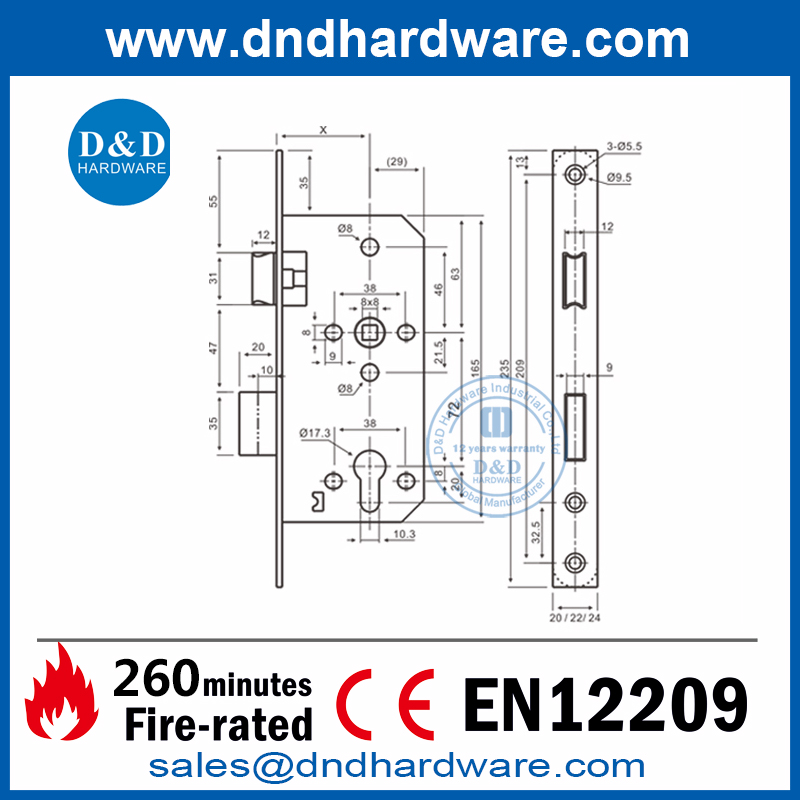 EN12209 Fire Door Sash Lock High Quality SUS304 Antique Brass Mortise Lock-DDML009 