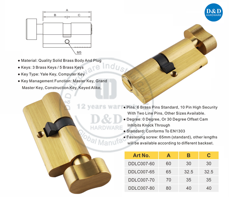 Satin Brass Bathroom Door Lock Cylinder-D&D Hardware