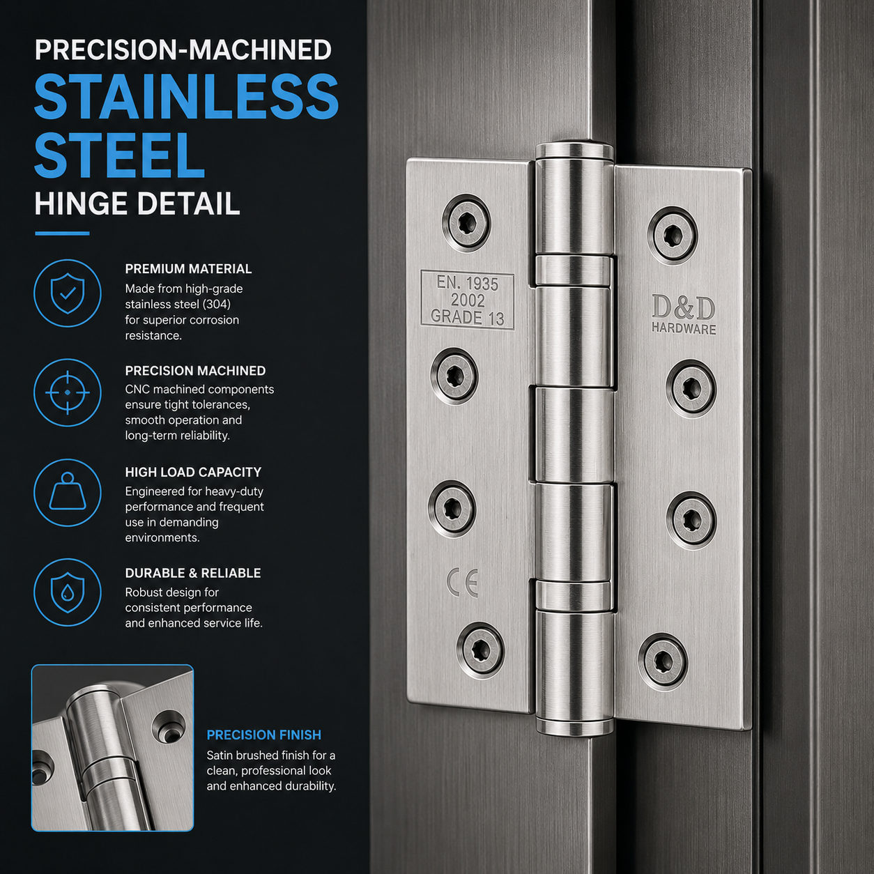 Precision-machined stainless steel hinge detail.