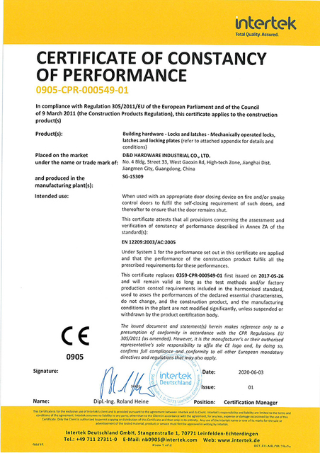 D&D Hardware-CE Certificate of EN12209 Lock