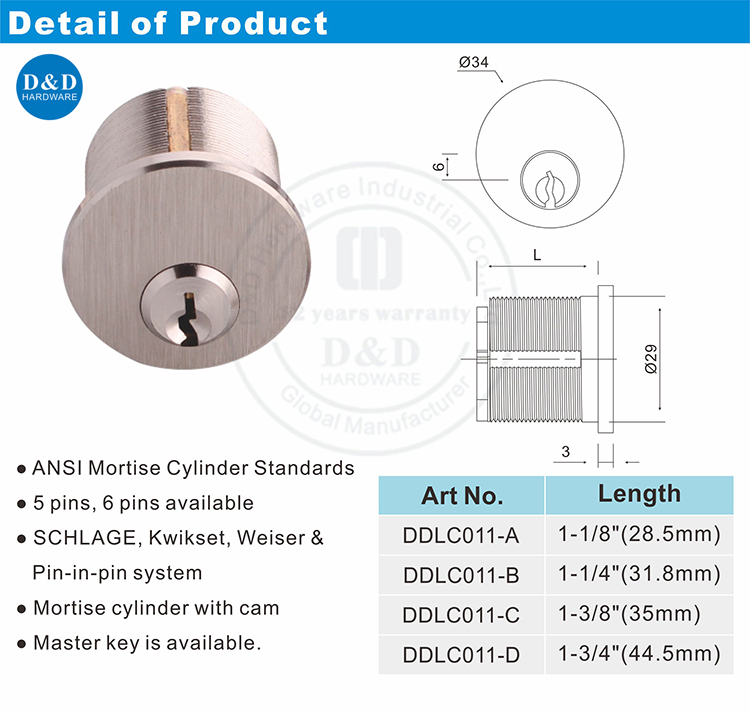 ANSI Mortise Cylinder-DDLC011-D&D Hardware