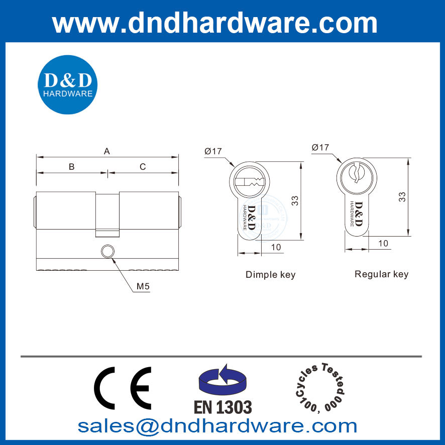 EN1303 Polished Brass Euro Profile Solid Brass Double Open Safe Door Lock Cylinder-DDLC003