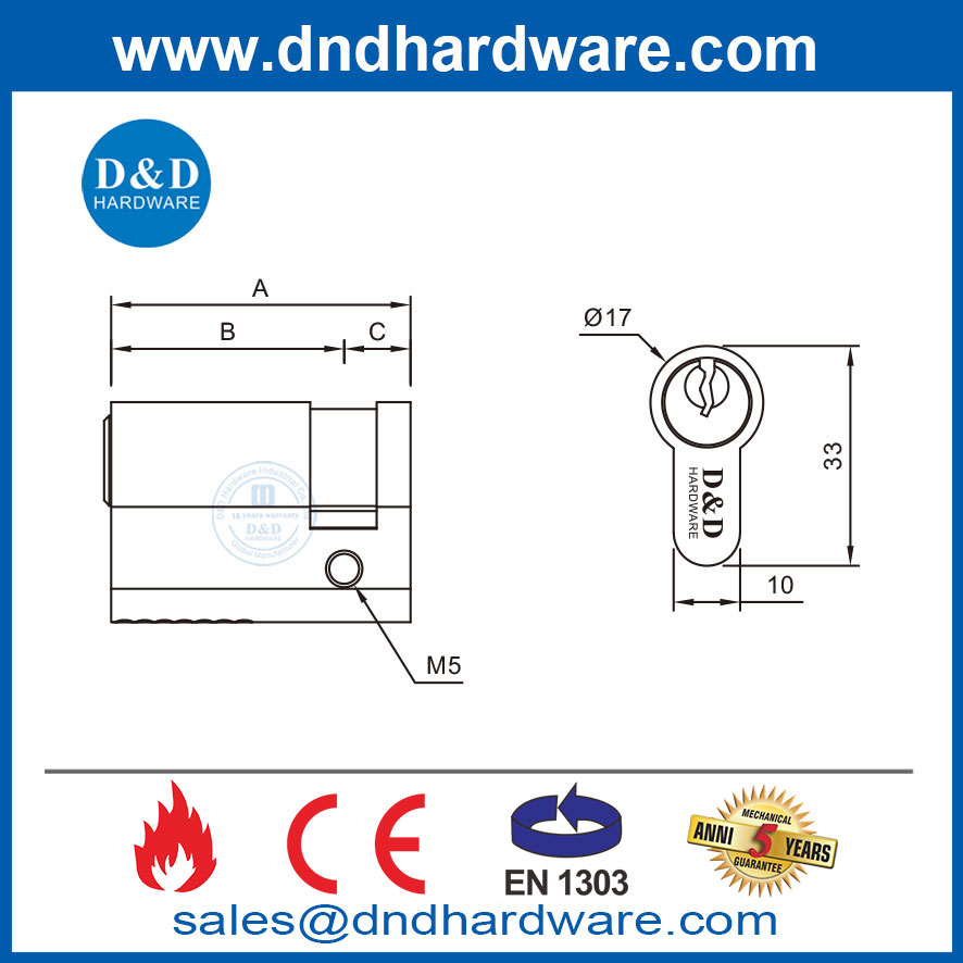 3 Keys Solid Brass Half Cylinder Door Lock Cylinder 40-55mm for Wooden Door-DDLC010