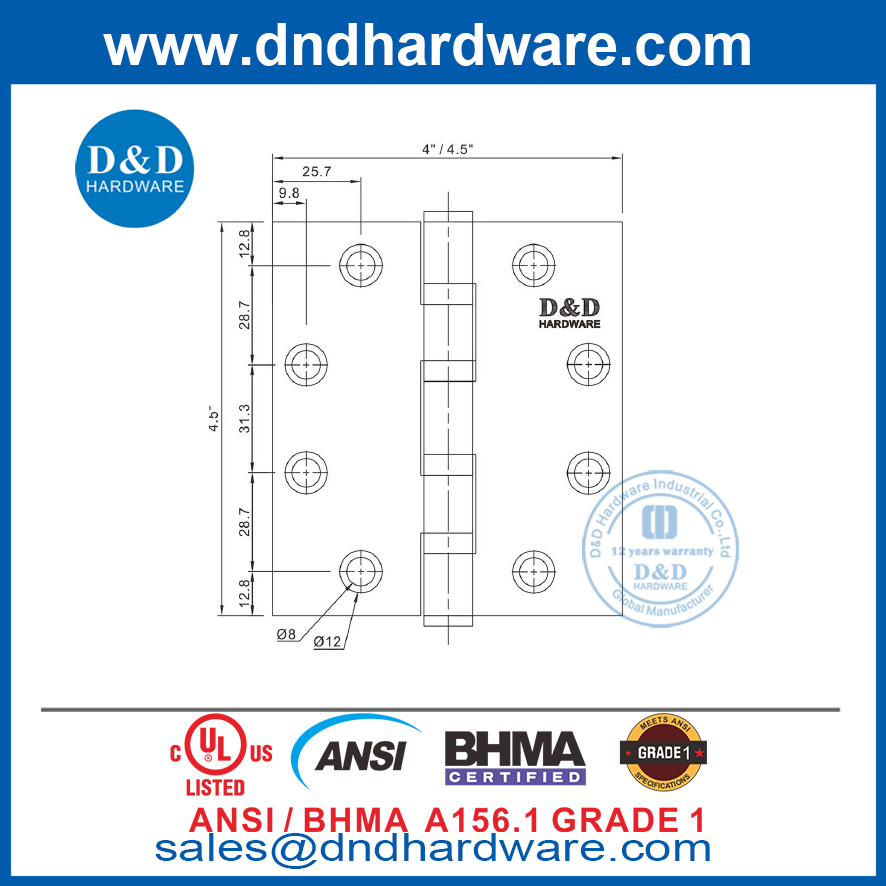 ANSI / BHMA Fire Rated Hinge SS304 UL 4 BB Butt Hinge- 4.5x4.5x4.6mm-4BB